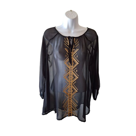 Greater Good Sheer Tunic Top Womens Medium Black Gold Embroidery - Picture 1 of 5